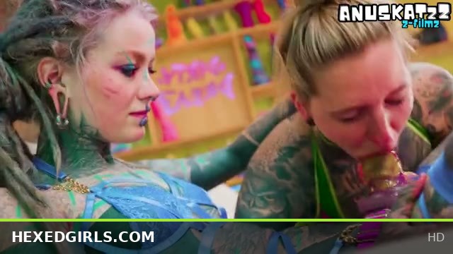 Tattooed Goth Cuties in Shiny Latex Lesbian Strap-On Fuck with German Dirty Talk